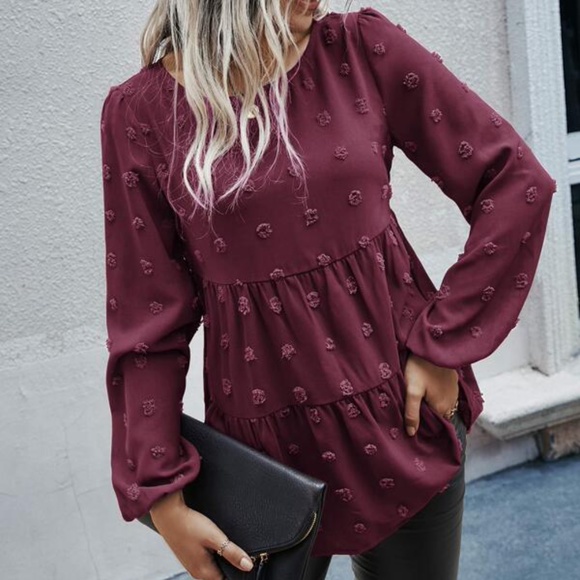 Classic Navy Blue Swiss Dot Ruffle Top Minimalist - Picture 7 of 12